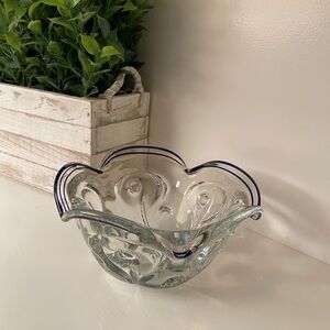 1990s Lillian Vernon Crystal Candy Bowl With Cobalt And Ruffle Edge Vintage